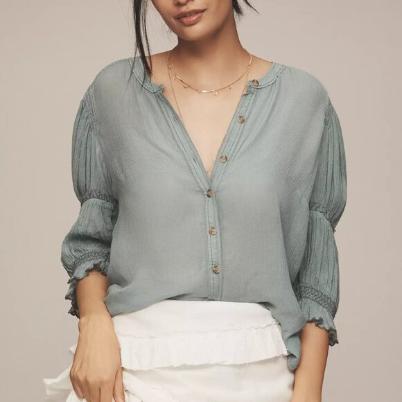 Anthropologie Pilcro Gauzy Bubble Sleeve Buttondown Romantic Flowy Boho Top - S - Picture 1 of 13